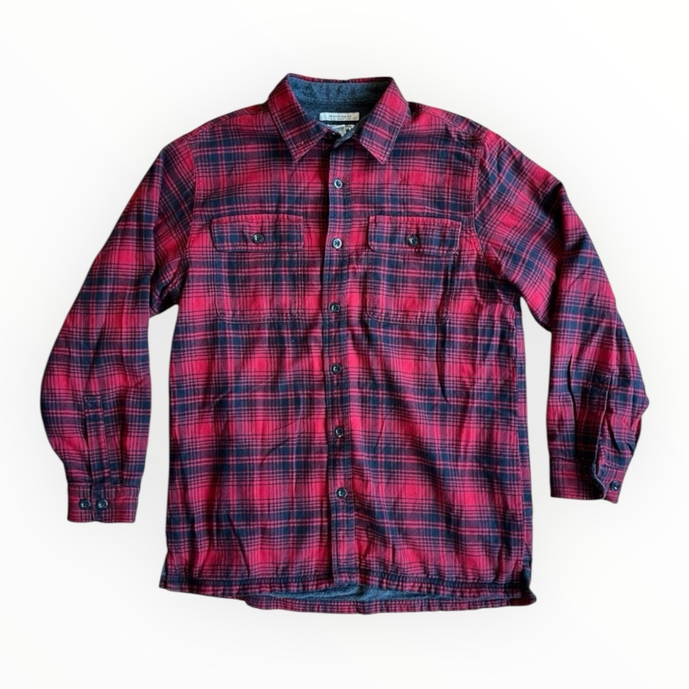 VTG LL Bean Mens Medium Flannel Shirt Jacket Plaid Red Black Fleece Lined